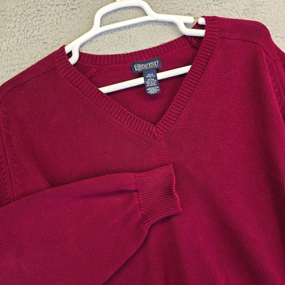 Vintage Lands End Fisherman Sweater Mens L Maroon Grandpa Cable Knit V Neck